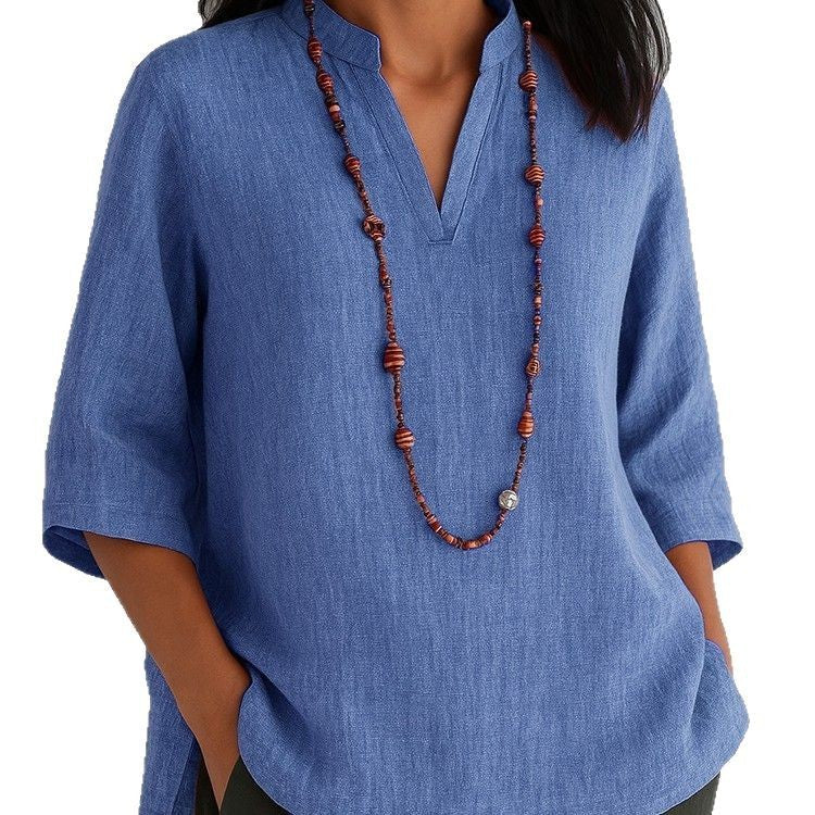 Summer Women's Clothing V-neck 34 Sleeves Cotton And Linen Loose Casual Shirt