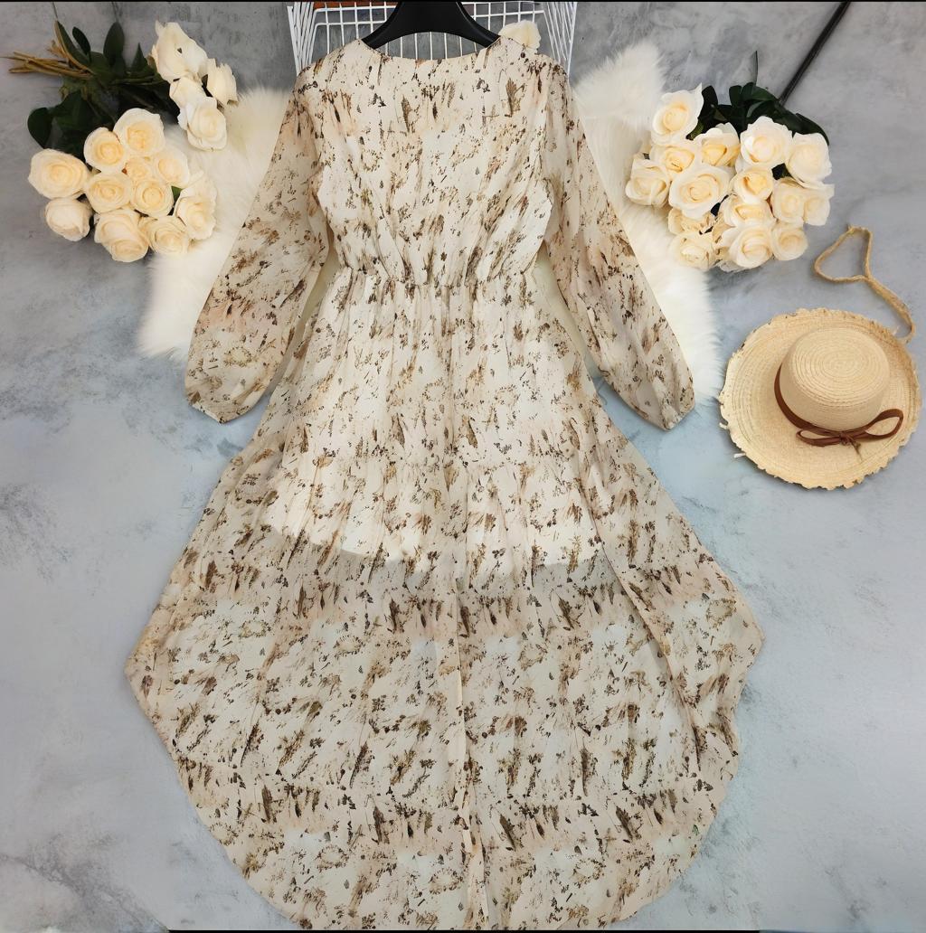 V-neck Irregular Hem Printed Long Sleeve Dress