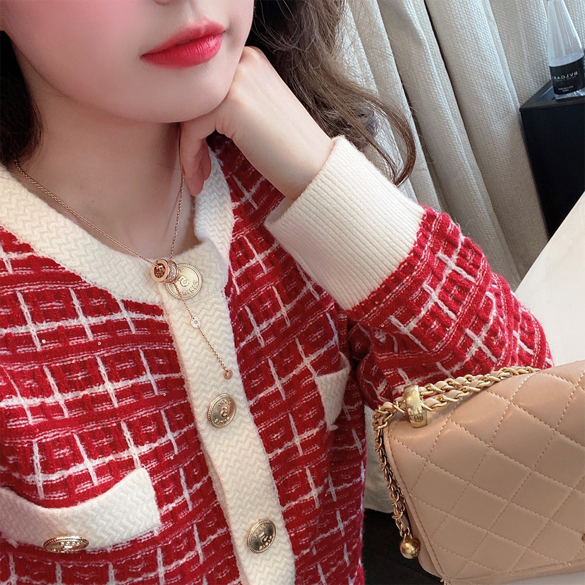 Round Neck Plaid Knitwear Cardigan Gentle Women's Coat