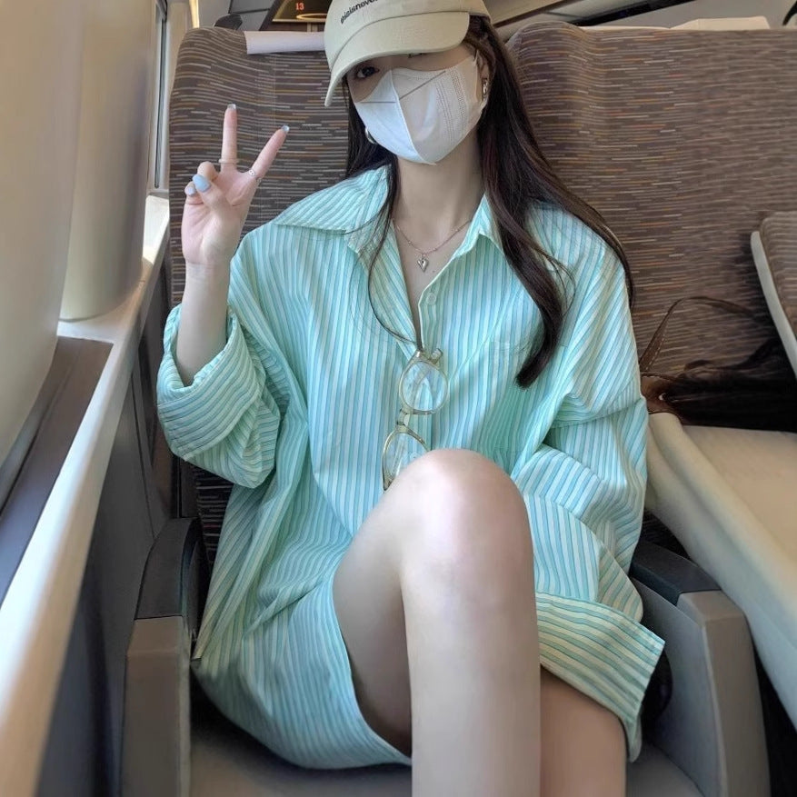 Striped Cardigan Outer Wear Women's Long-sleeved Sunscreen Shirt