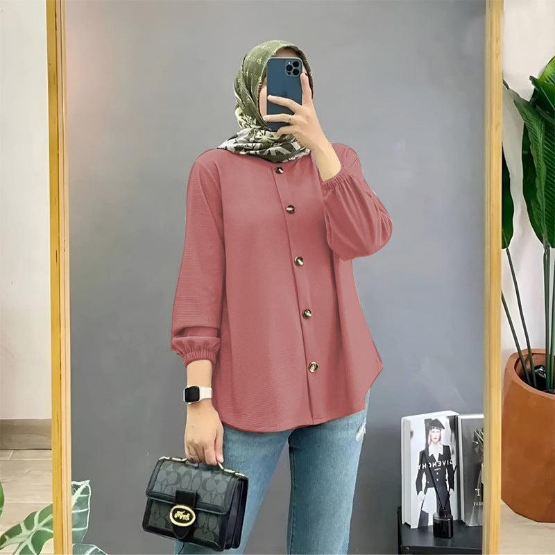 Muslim Ice Silk Wrinkle Stand-up Collar Literary Vintage Cardigan Loose Shirt Women