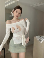 Women's Letter Rhinestone Shoulder Print Long Sleeve Slim-fit Lace Up