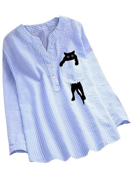 Women's Striped Cotton And Linen Pocket Printed Casual V-neck Long Sleeve Shirt