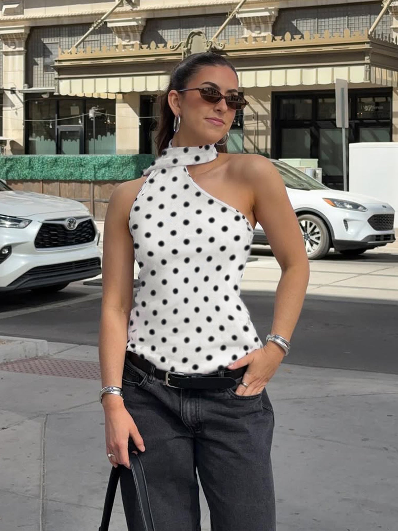 Women's Polka Dot Halter Ribbon Shoulder Backless Wild Vest