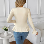 V-neck Flounce Slim Fit Slimming Top T-shirt For Women