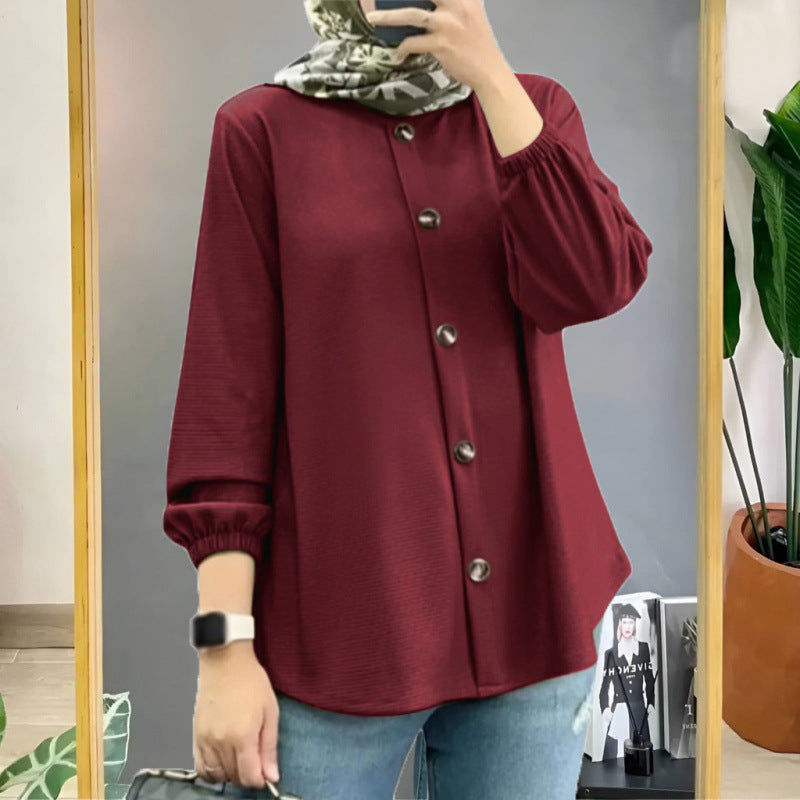Muslim Ice Silk Wrinkle Stand-up Collar Literary Vintage Cardigan Loose Shirt Women